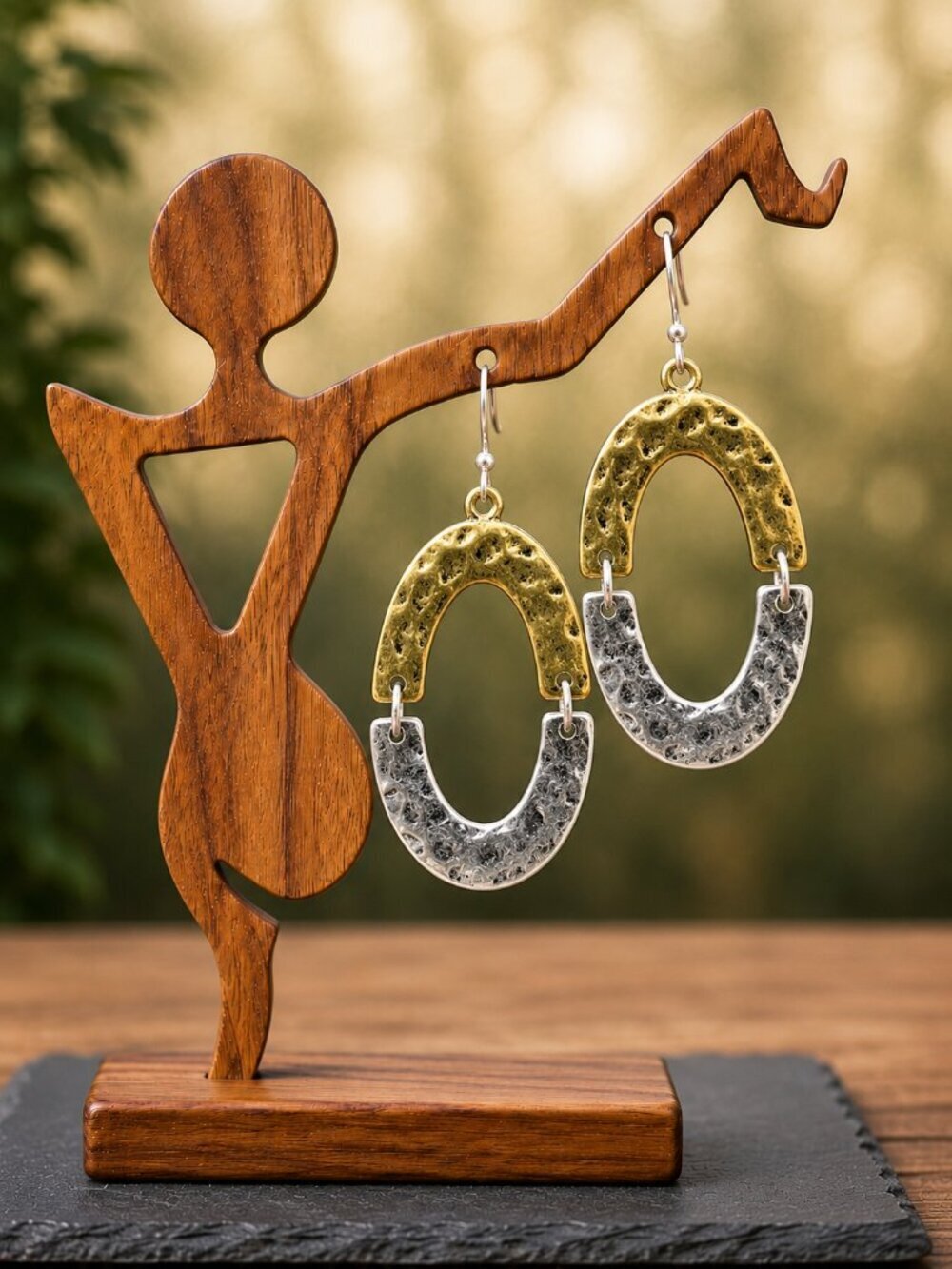 Two Tone Gold and Silver Oval Drop Earrings - Picture 4 of 6
